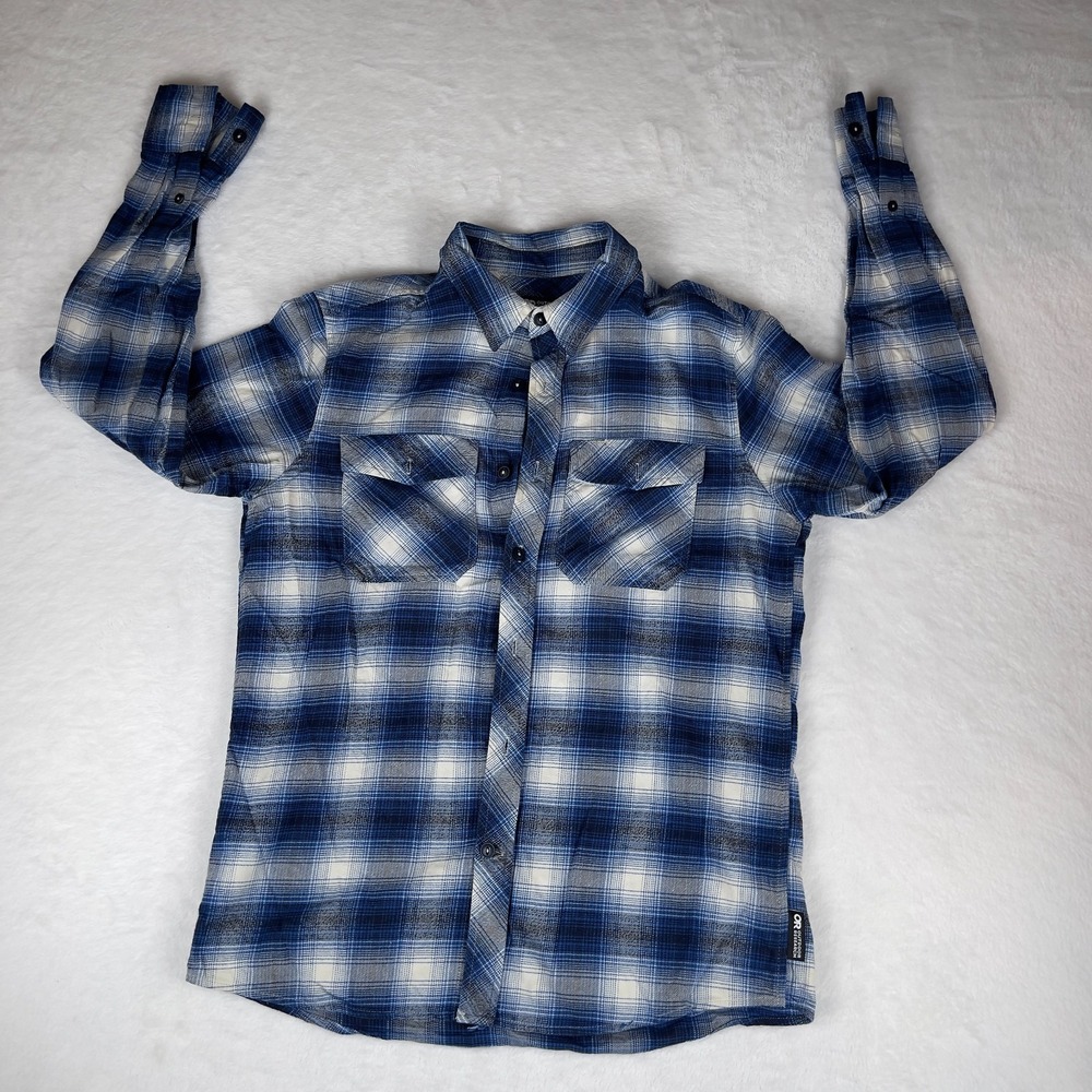 Outdoor Research Flannel Shirt Mens Small Blue Plaid Cozy Twill Comfortable Fit